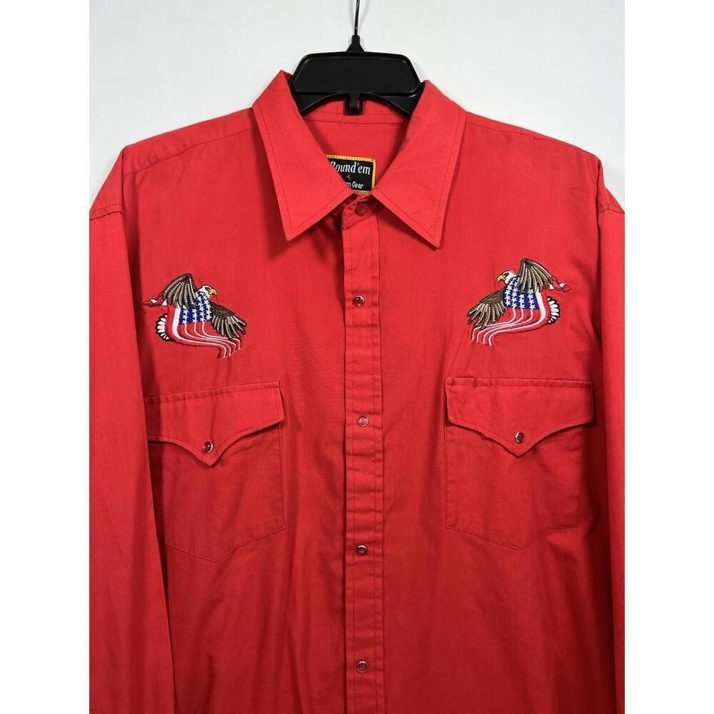 Vintage Round Em Western Gear Shirt Sz L Snap Up Embroidered Eagle Red - Picture 2 of 9